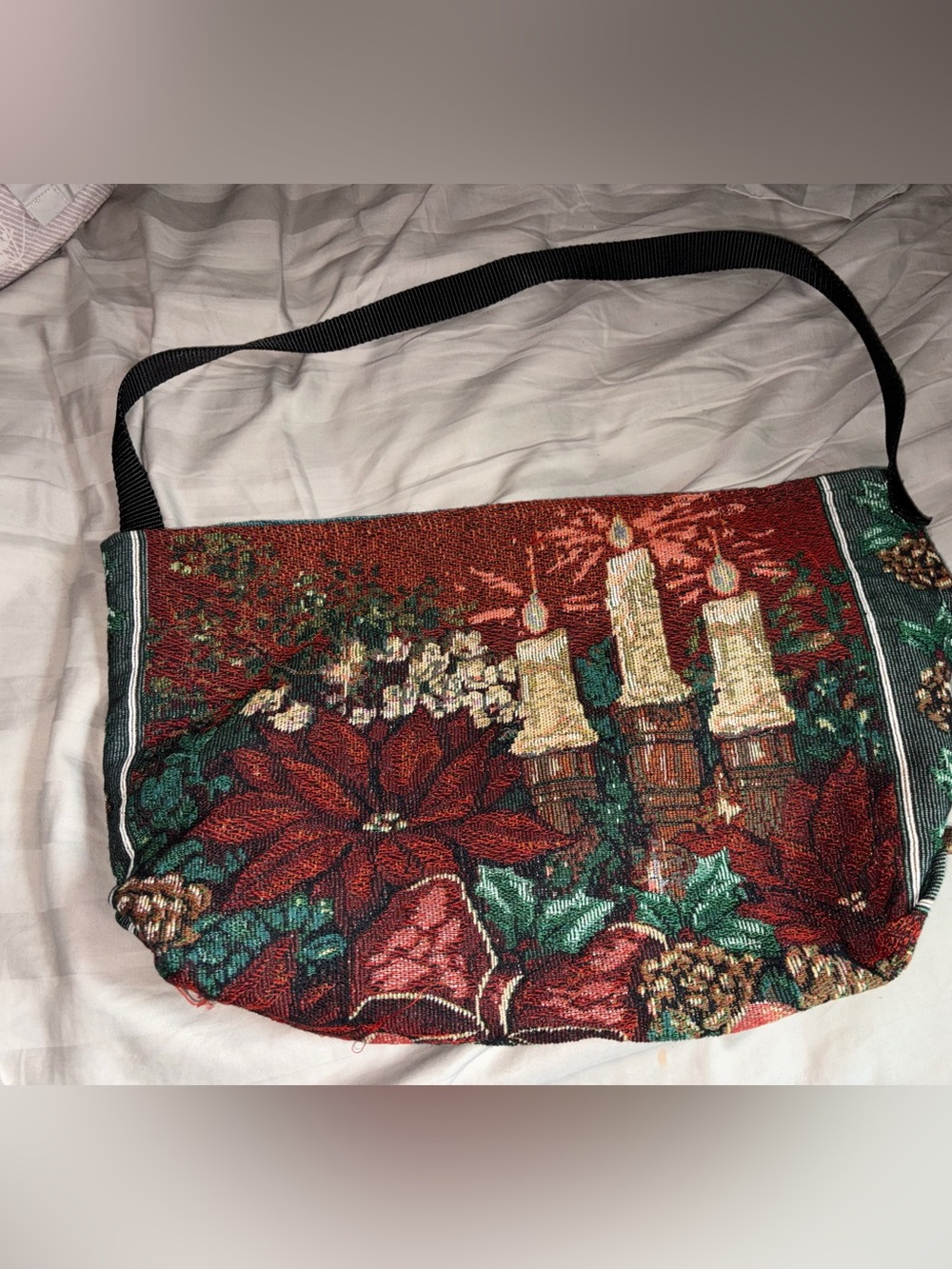 Tapestry Holiday Crossbody Bag with Candles & Poinsettia